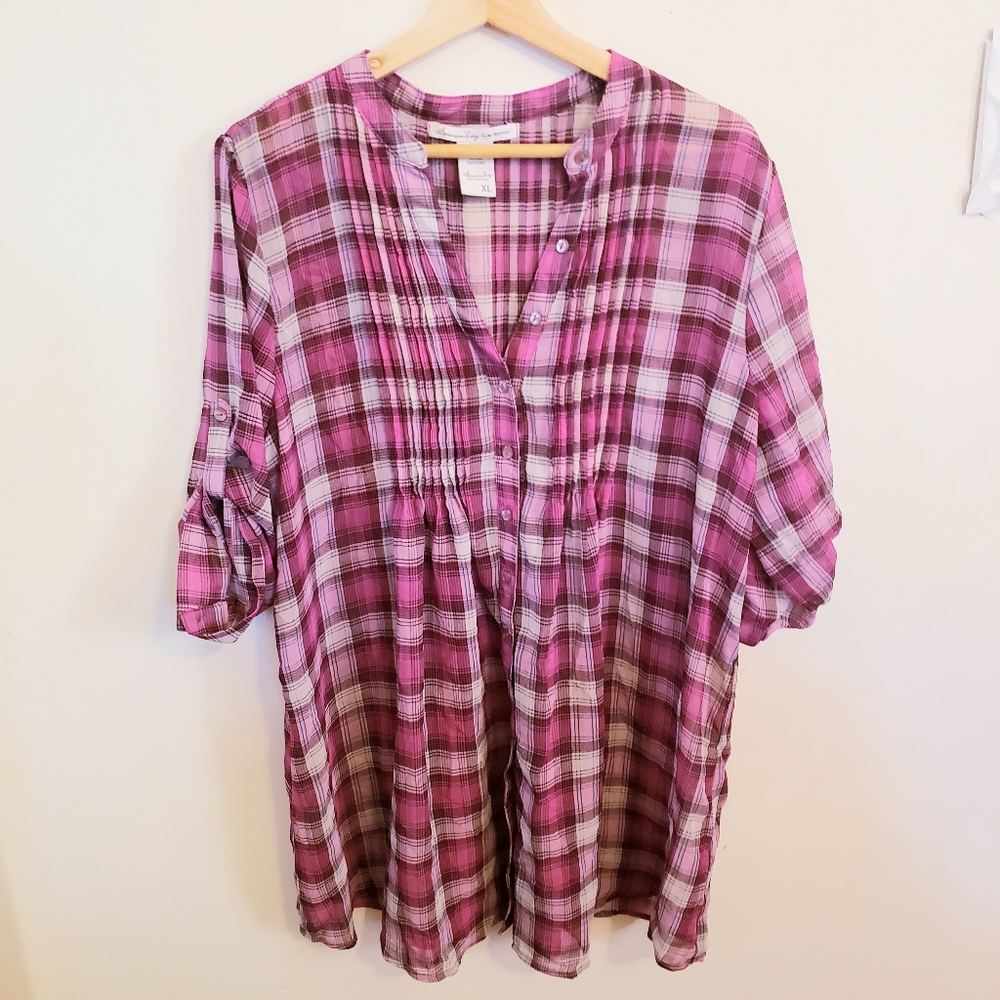 American Rag Mid Sleeve Plaid Blouse XL
